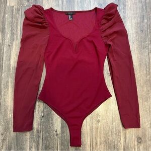 Forever 21 Sweetheart Neck Puffer Sheer Long Sleeve Red Bodysuit Valentine’s D S